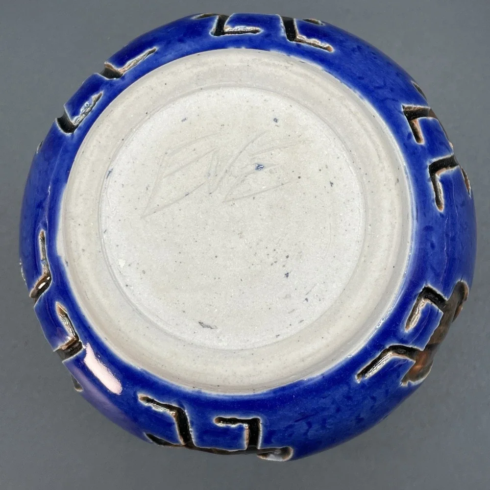 Studio Art Pottery Signed EVE Blue Glaze Vase Figure Imprints In Black Glaze